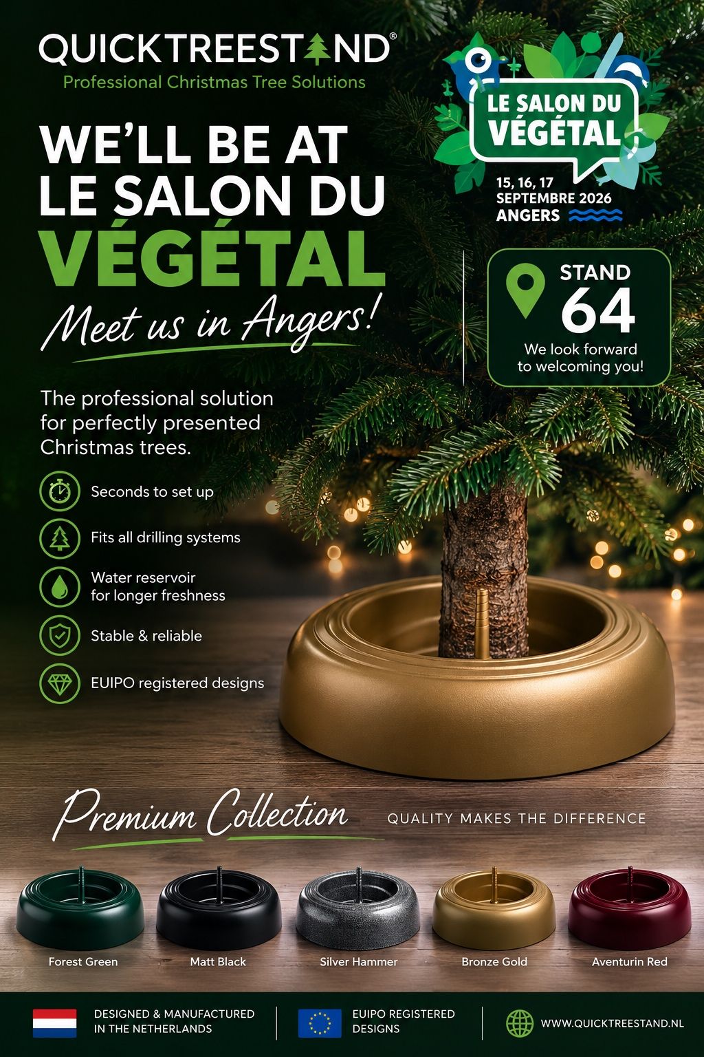 Quick Tree Stand : support conique pour sapins de Noël pré-percés – Exposant